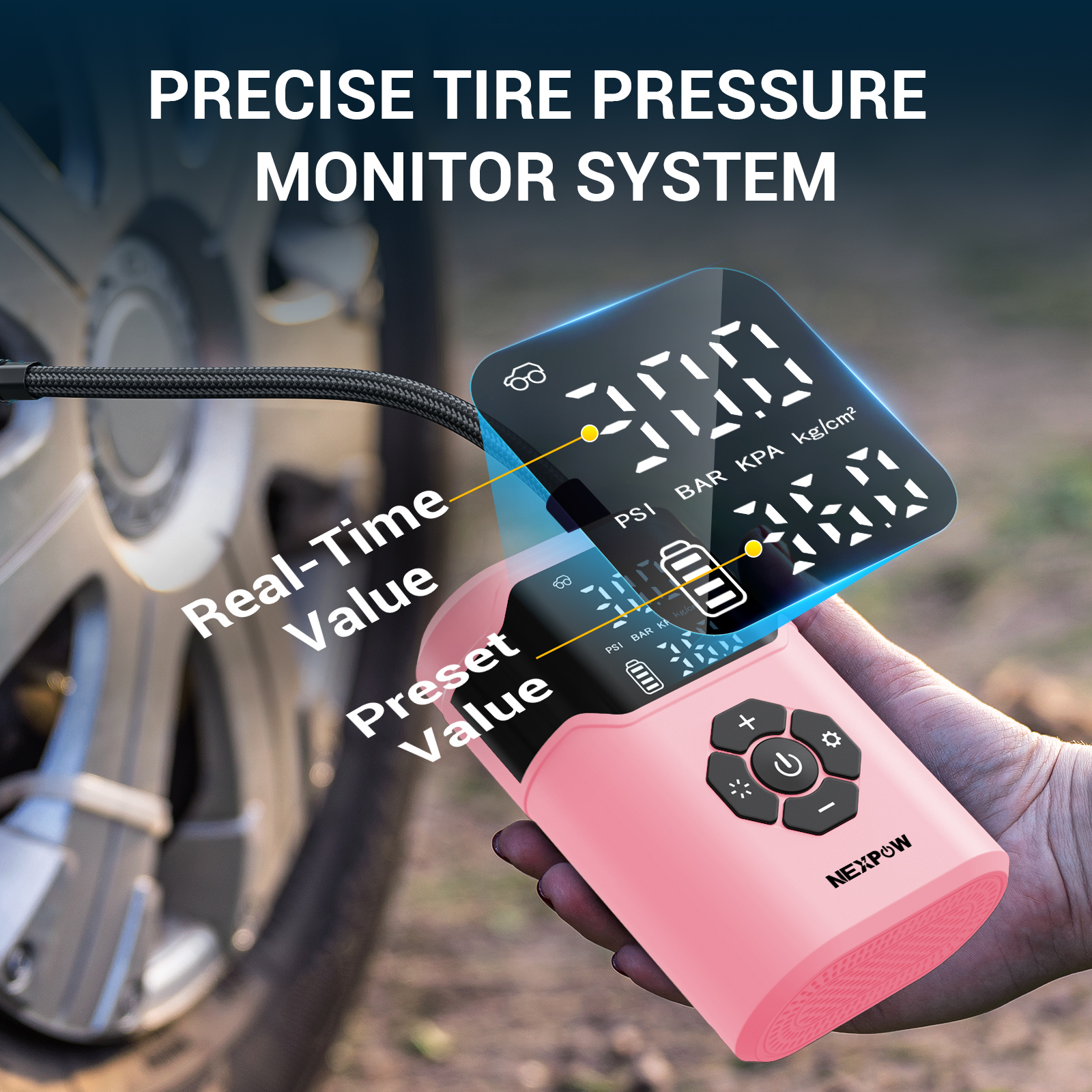 NEXPOW Tire Inflator Portable Air Compressor, 150 PSI Air Compressor for Car Tires with Dual-Screen Display, 3X Fast Inflation Portable Bike Pump for Car, Motorcycle, Bike, Ball, Pink