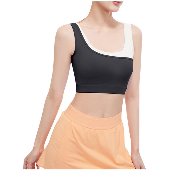 Virmaxy Womens High Impact Sports Bra Color Blocking Fake Two-Piece High Elastic Shock-Absorbing Gathered Sports Bra Black S