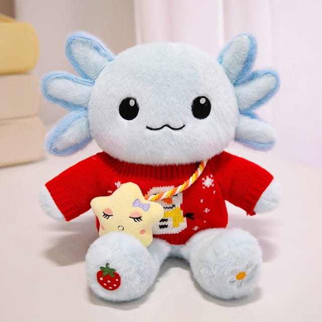Peluche de ajolote,ajolote peluche 33 cm con ropa y 1 accesorio — set de 1 look (bolsita o bufanda), ajolote juguete suave y lavable, regalo para niñas y niños