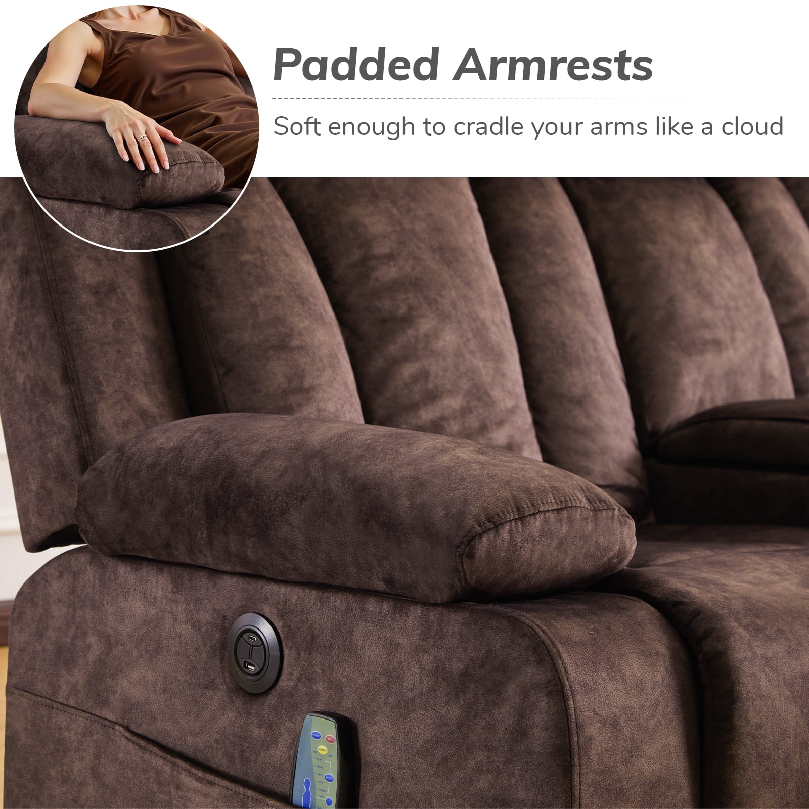 Power Recliner Loveseat Sofa with Console Storage, Heat & Massage, Reclining Sofa Couch with Cup Holders, USB & Type-C Ports, Dutch Velvet Recliner Couch for Living Room, RV,Office,Apartment