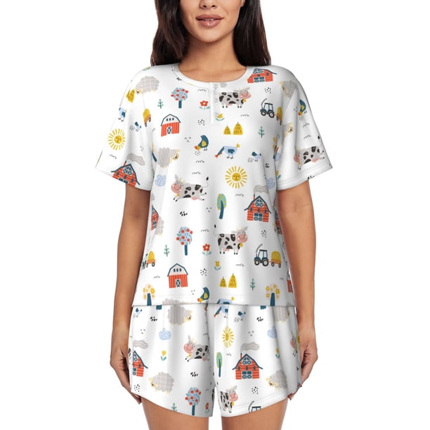 Fotbe Farm Animals Conjunto de Pijama Estampado para Mujer, 2 Piezas, Ropa de Dormir con Camiseta de Manga Corta y Shorts Suaves-Small