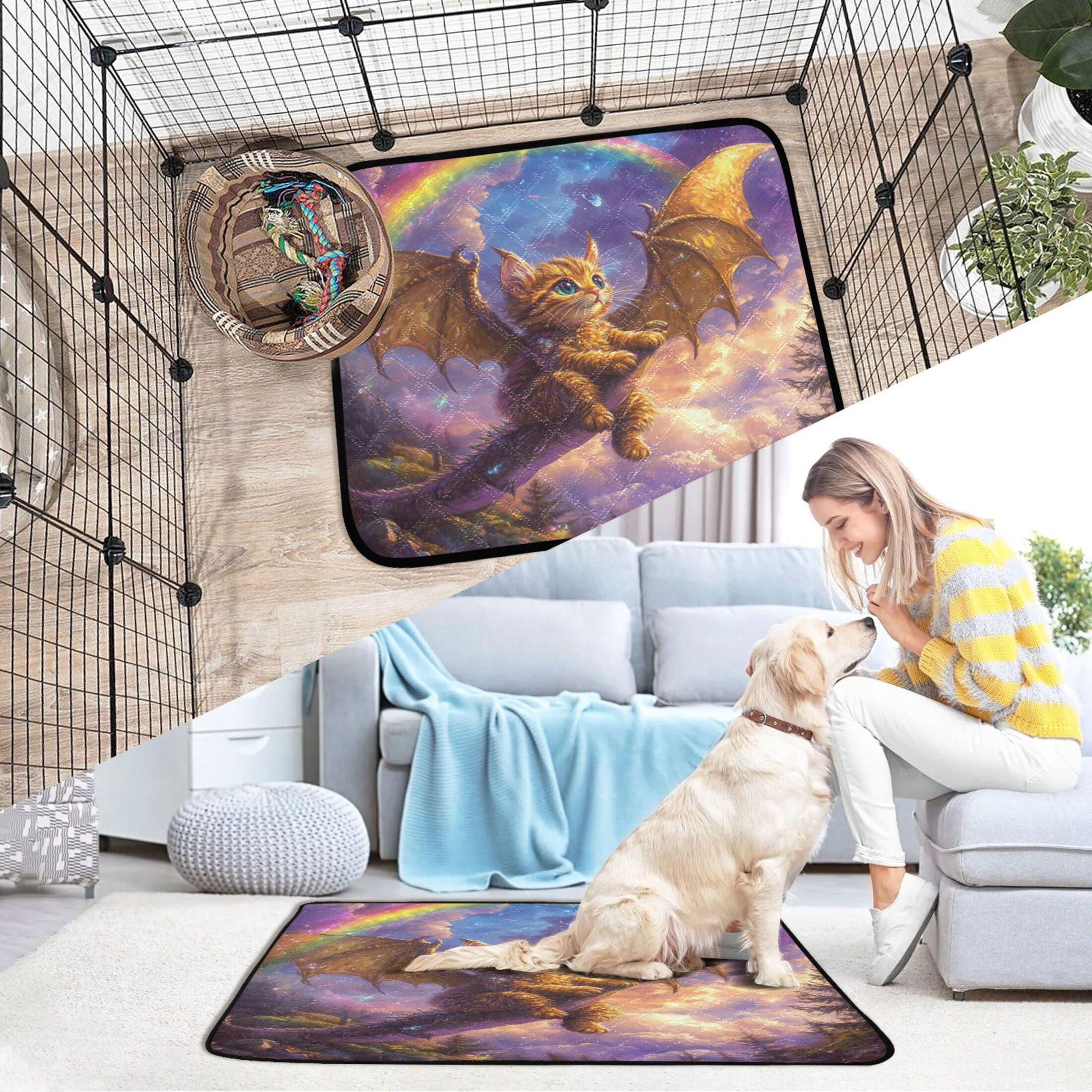 Qxltty Golden Kitten with Wings Cat litter Pads Pet Set of 2 Diaper Mats Center Anti-leakage Layer Absorbent Soft and Comfortable