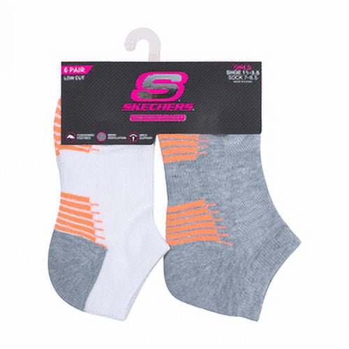 Skechers Kids Girls' 6 Pack 1/2 Terry Low Cut Socks, White/Grey, 7-8.5