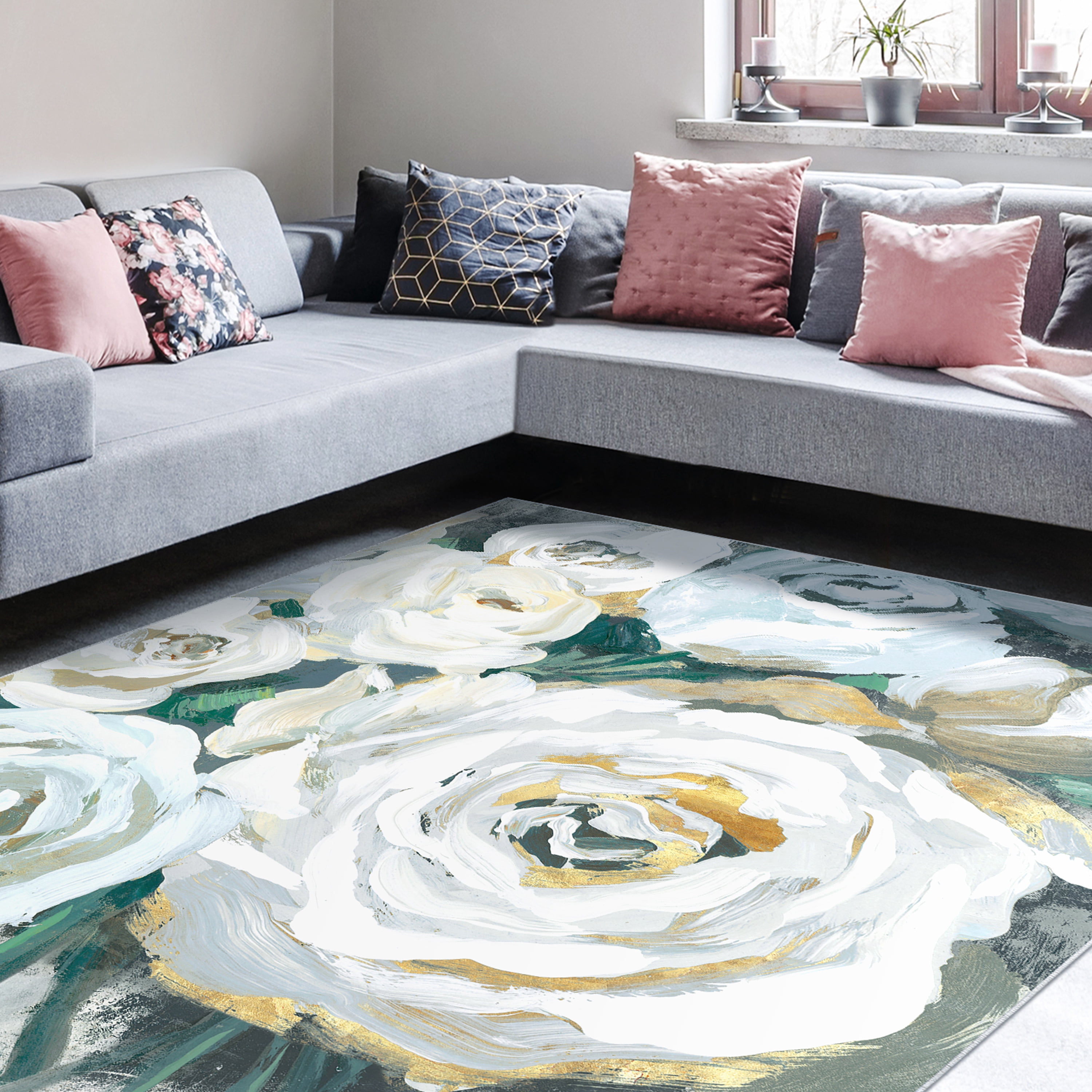 White Bouquet of Florals II Washable Art Area Rug size 8'x10', Power-loomed, Heavenly Softness with Non-Slipping Backing