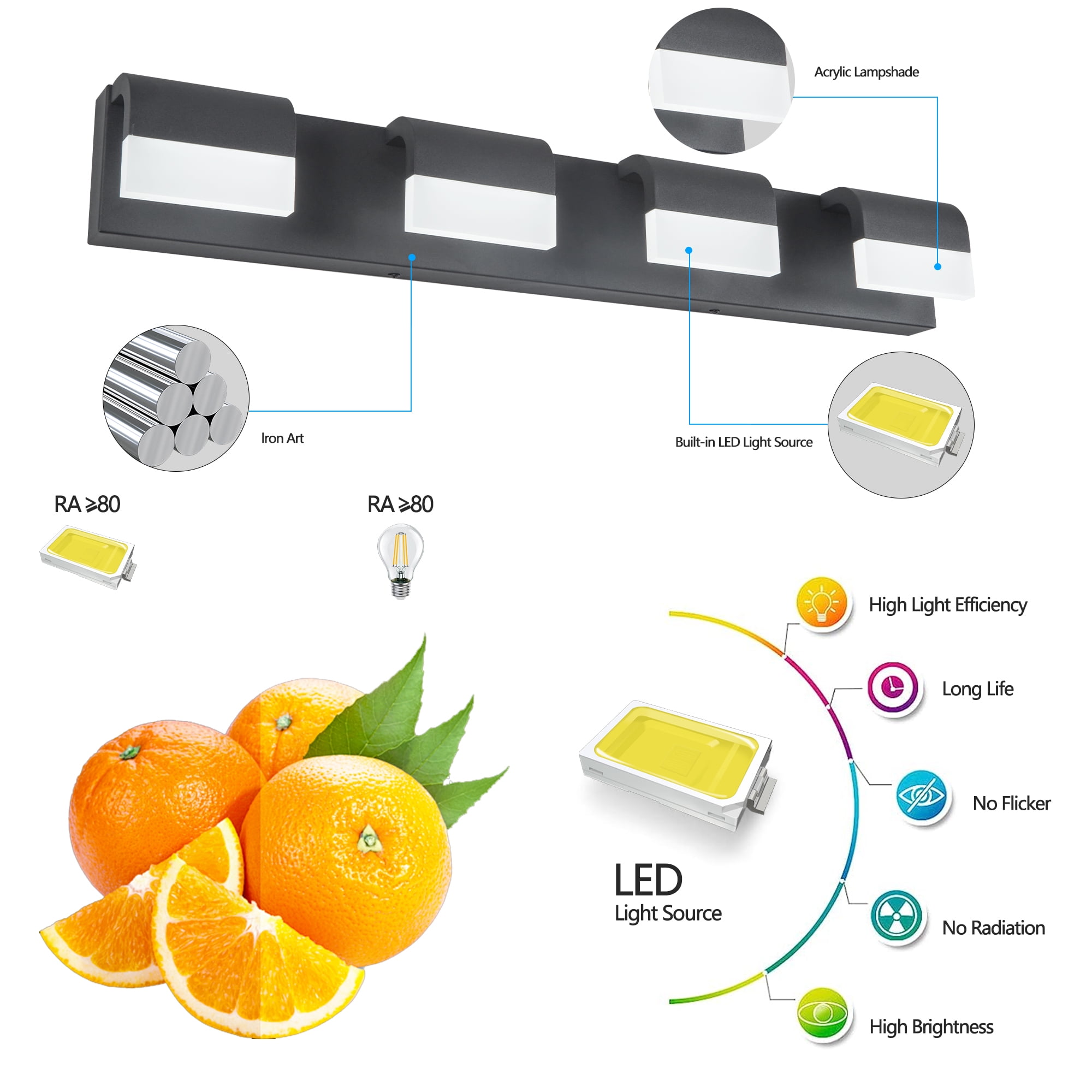 Jopath 4-Light Bathroom Vanity Light, Modern Dimmable LED Wall Mount Lighting Fixture for Bathroom Vanity Mirror Matt Black