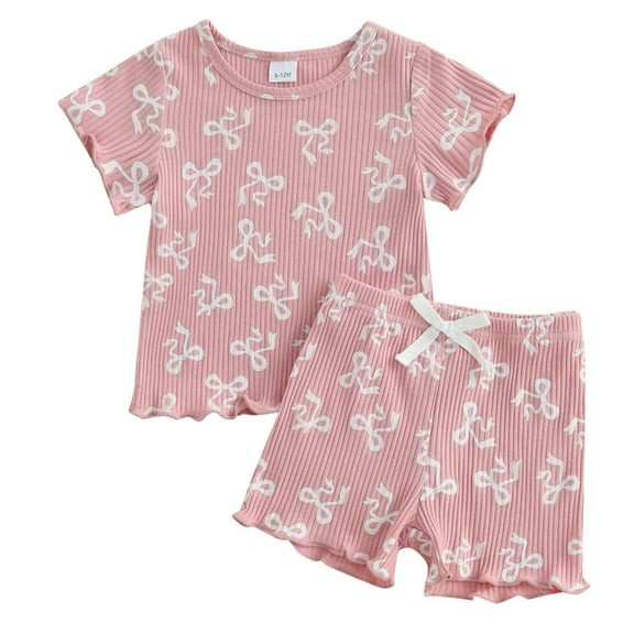 MEZZALL Girls Summer Outfits 2PCS Sets Cute Bow Print O-Neck Short Sleeve Tops And Shorts Casual Playwear Toddler Baby Clothes Soft Comfortable Loose Fit Dailywear Relaxed Fit / 12-18 Months