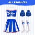 thumbnail image 4 of IROOZIGOTO Girls Cheerleader Costume Set Blue White Sleeveless Cropped Top Pleated Skirt with Pom Poms Socks for Halloween Cosplay Themed Party, 4 of 9