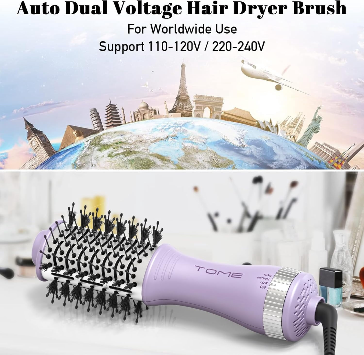 Tome 4-in-1 One-Step Dual Voltage 2 inch Hair Dryer Brush,Travel Volumizer Hot Air Brush with Protective Cover Purple