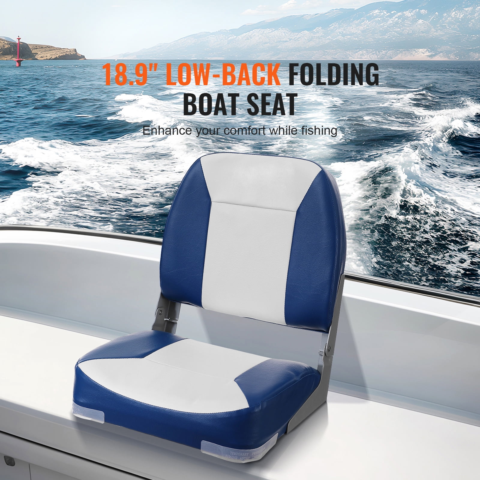 KFFKFF Marine Seat, 18.9" Compact Low Back, Thick Sponge Cushion Folding Seat for Boats, Ideal for Fishing, Touring, Speedboats, Canoes, Single Unit