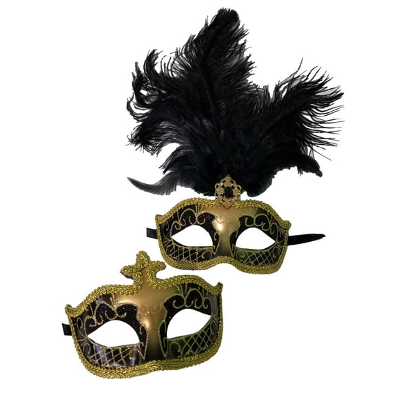 Black Gold Couples Masquerade Mardi Gras Set Feather Mask