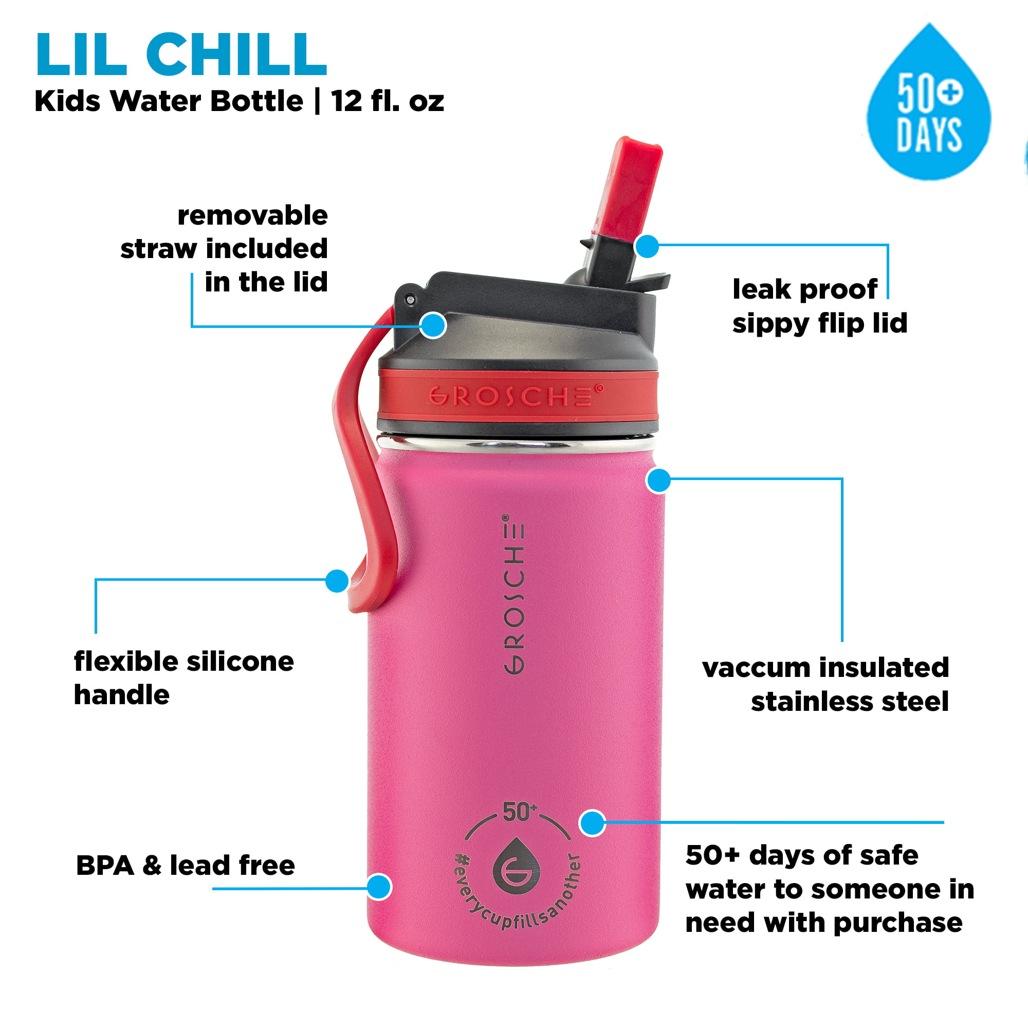 Grosche Lil Chill 12 Oz Kids Water Bottle Insulated Water Bottle With Straw  For Kids School With Straw Sip Lid - Grey : Target