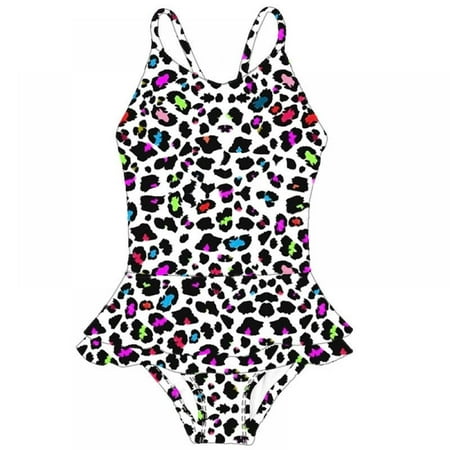 

GYRATEDREAM Girls Swimsuit One-Piece Adjustable Straps Swimwear Ruffled Tankini Bathing Suit with Sun Protection Leopard#D 5-6 Years