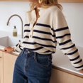 thumbnail image 6 of Sweaters for Women Stripe Henley Neck Long Sleeve Loose Knit Pullover Casual Stylish Retro Versatile Top Beige L, 6 of 9