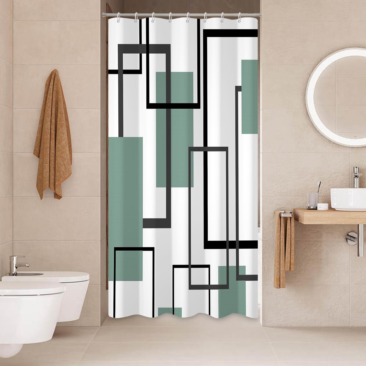 Green and White Shower Curtain Geometric Black and Green Modern Abstract Shower Curtains for Bathroom,47"x71"
