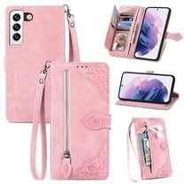 Tarise for Samsung S21 FE 5G Phone Wallet Case for Men Women, Galaxy S21 FE 5G Cover, Embossed PU Leather Magnet Buckle Card Slots Zipper Pocket Lanyard Wrist Strap Handbag All-inclusive Case, Pink