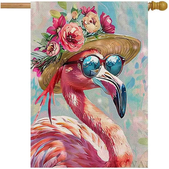 Summer Flamingo House Flag 28x40 Inch Double Sided, Large Burlap Yard Flag Seasonal Holiday Outdoor Decoration