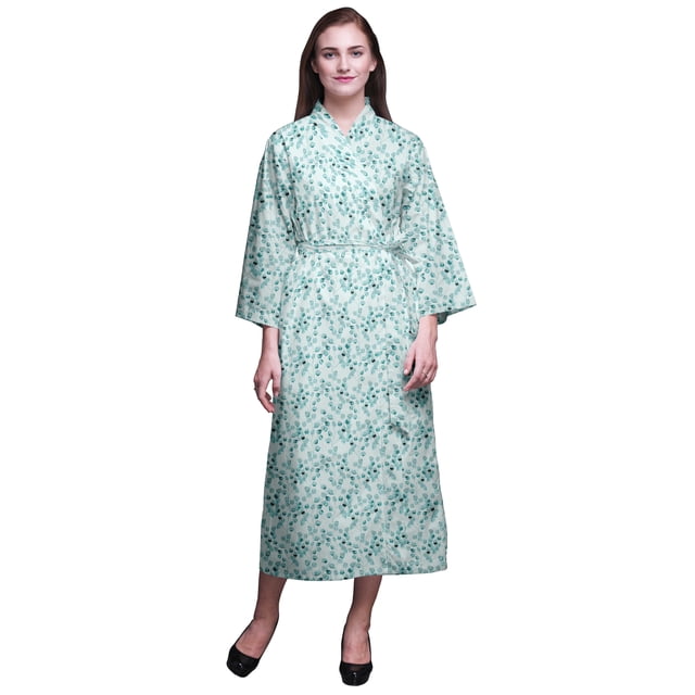Bimba Aquamarine Green Leaves Flower Womens Robe Dressing Gown Long Bride Getting Ready Shirt Printed Bath Robe Girls XL