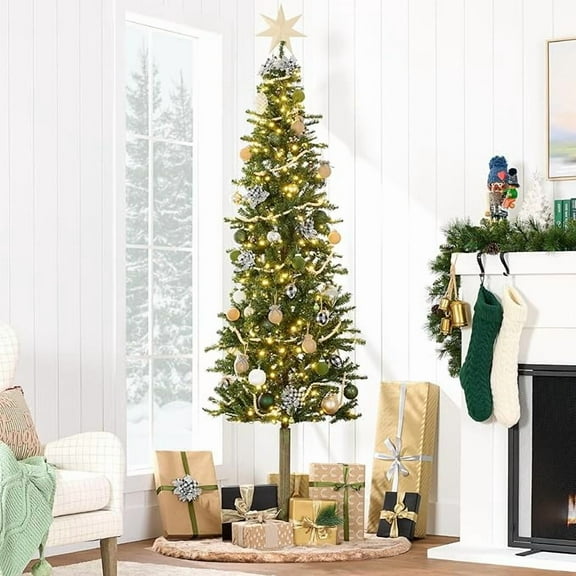 BouPower Pre-Lit Artificial Pencil Green Christmas Tree with Warm White 150 LED Lights,Hinged Realistic Slim Xmas Tree w/Sturdy Metal Stand,for Home,Office,Party Decoration Indoor,6FT/7.5FT