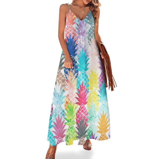 Vestido sin mangas con estampado de piña hawaiana, vestido de verano con estampado tropical de acuarela, vestido de fiesta de lujo para mujer para uso diario