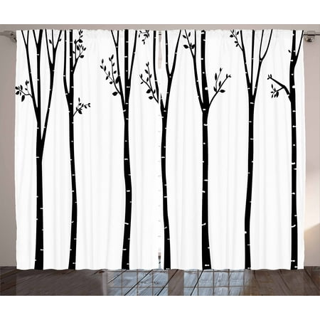 Black And White Curtains 2 Panels Set Monochrome Birch Tree Silhouettes With Autumn Season Foliage Branches Window D For Living Room Bedroom