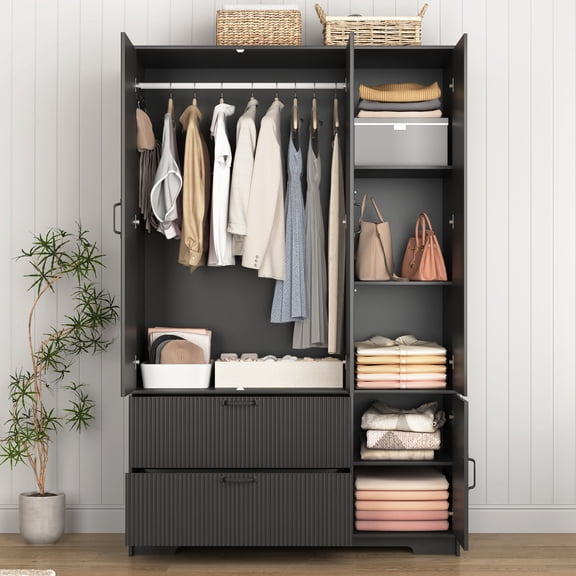 72" Armoire Wardrobe Closet with Mirror,LED Wardrobe with 4 Doors & 2 Drawers,Wooden Wardrobe Storage Cabinet with Hanging Rod,Adjustable Shelves for Bedroom,Black
