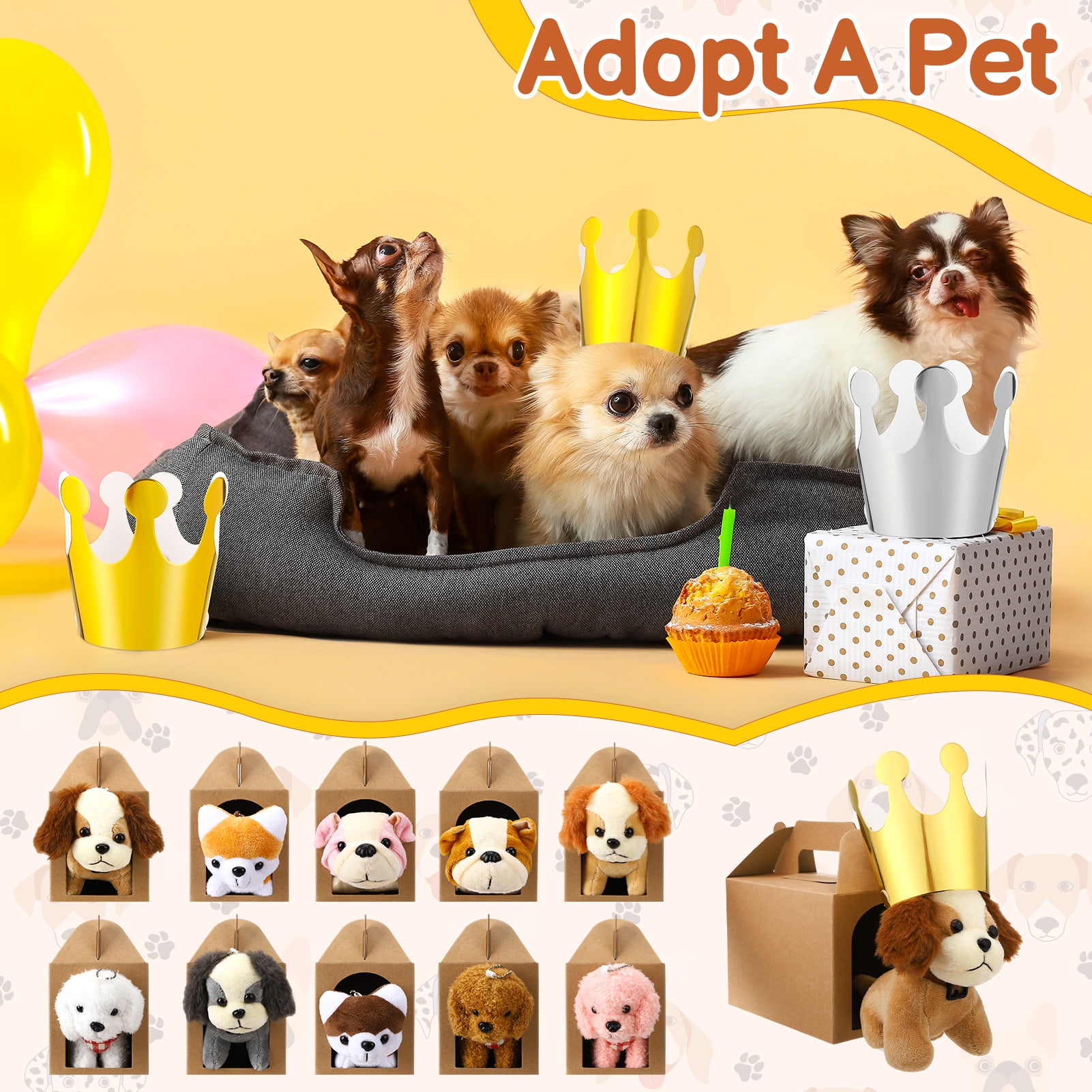 sixwipe Mini Stuffed Animals Bulk - 36 Pcs Adopt A Puppy Party Favors Kit with Small Plush Dogs, Hats, Boxes & Fence for Kids Party Supplies