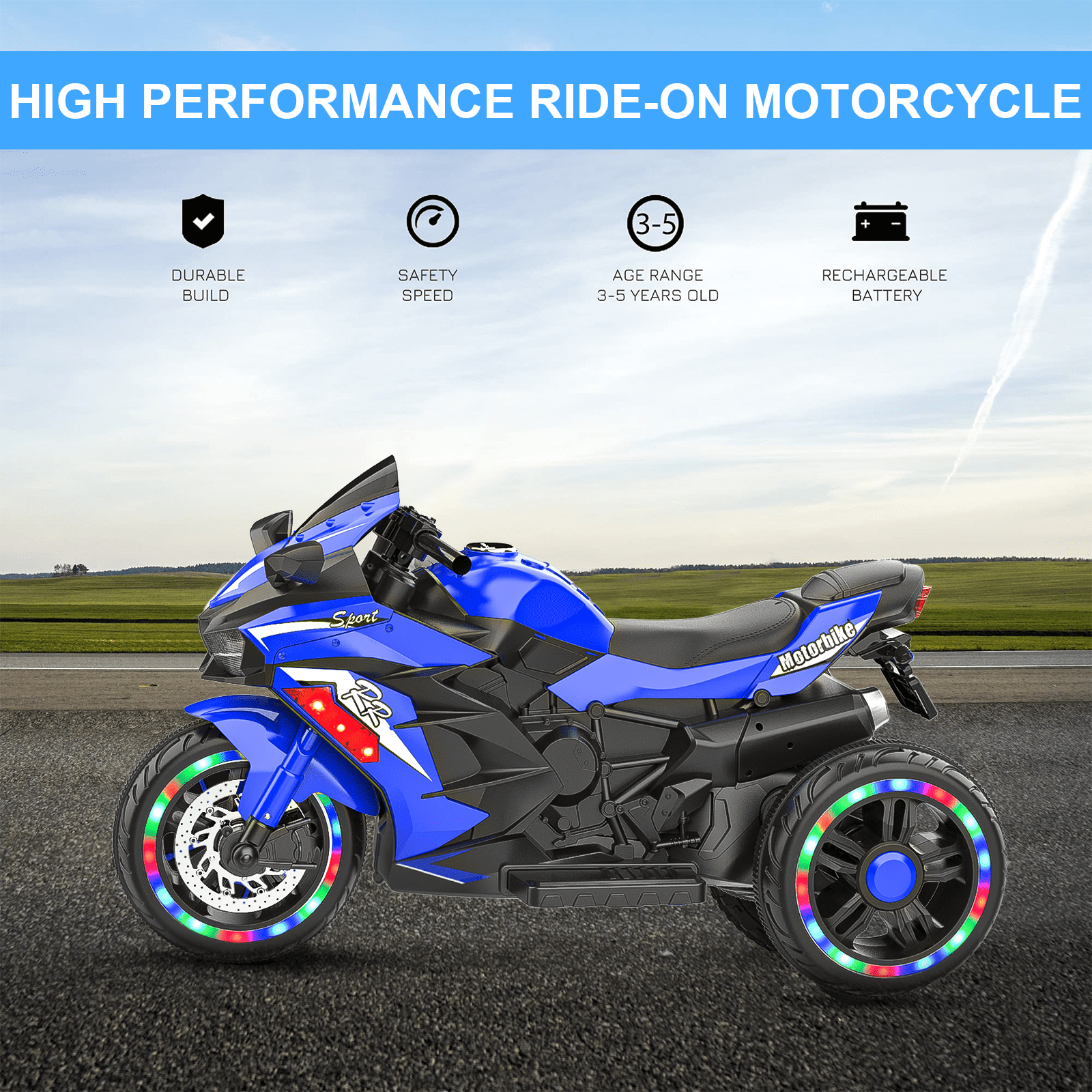 Werseon 12 Volts Kids Motorcycle, Electric Ride On Toy for Ages 3-6, 3-Wheels Lights, Sounds, Bluetooth Speaker, Blue