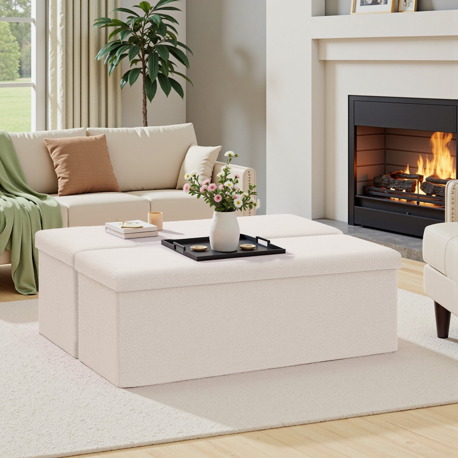 Lusimo Boucle Ottoman Bench with Storage for Living Room, 43" Folding Storage Bench Coffee Table Foot Rest, End of Bed Bench for Bedroom Entryway, Faux Shearling Fabric White