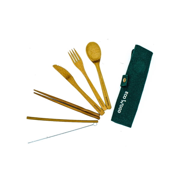 Set 7 Cubiertos Portátil de Bambú Ecowood para Cocina, Viaje, Escuela Ecowood Set cubiertos con funda