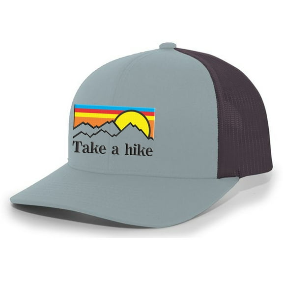 Men's Take A Hike Layered Sunset Retro Mountain Forest Embroidered Mesh Back Trucker Hat, Smoke Blue/Charcoal