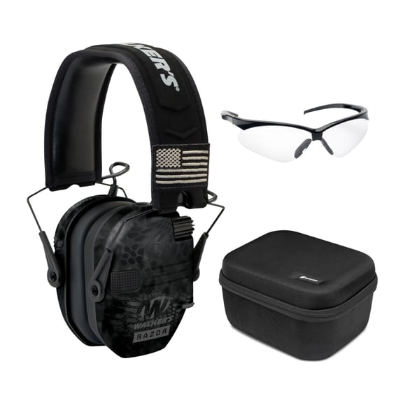 Walker's Razor Patriot Series Electronic Muffs (Kryptek Camo) Bundle with Shooting Glasses and Hard Case (3 items)