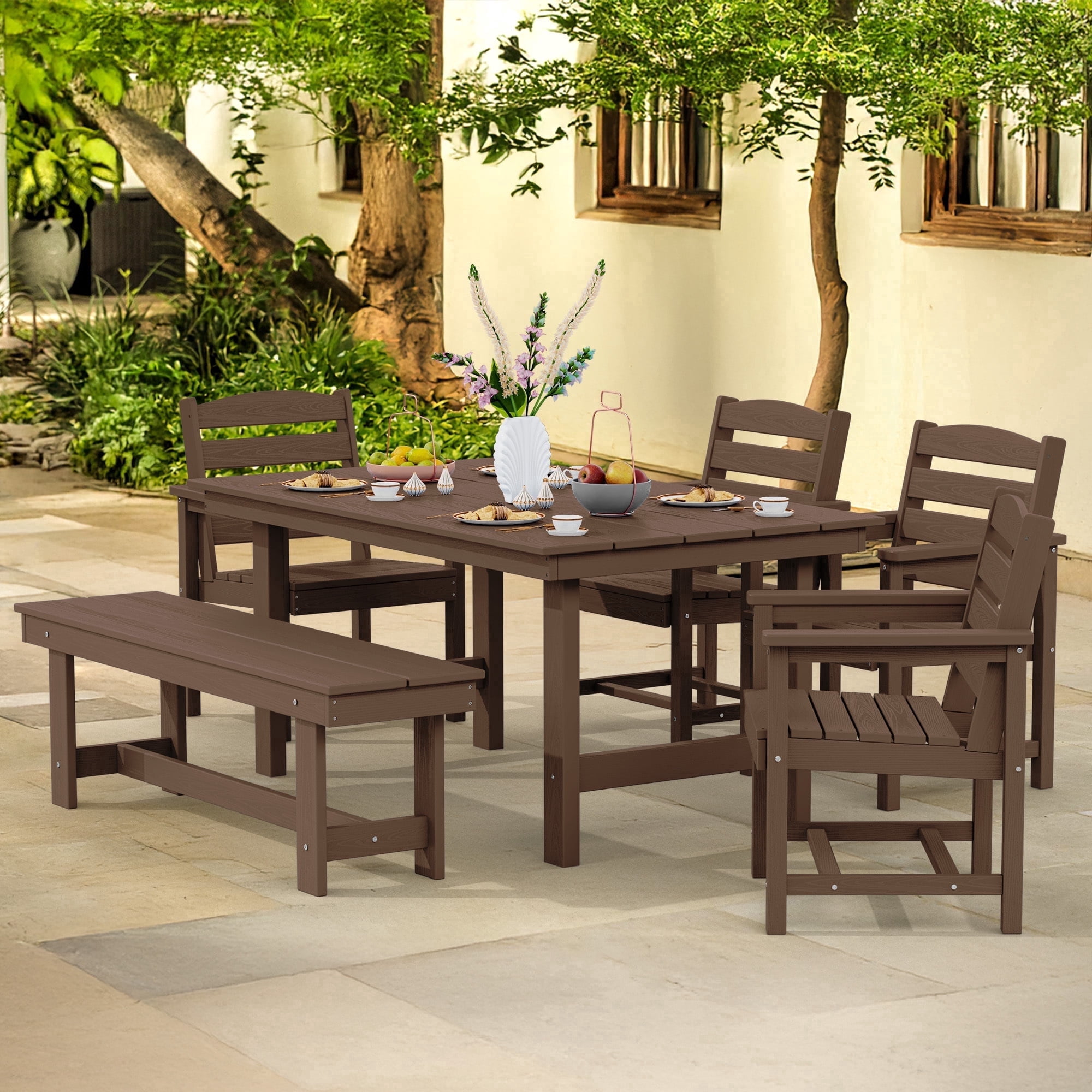 LOYALICE 6 Pieces Patio Furniture Set, HDPE Outdoor Dining Table Set with 1 Bench, 4 Chairs, Durable and Weather-Resistant for Patio, Garden and Balcony Use, Brown
