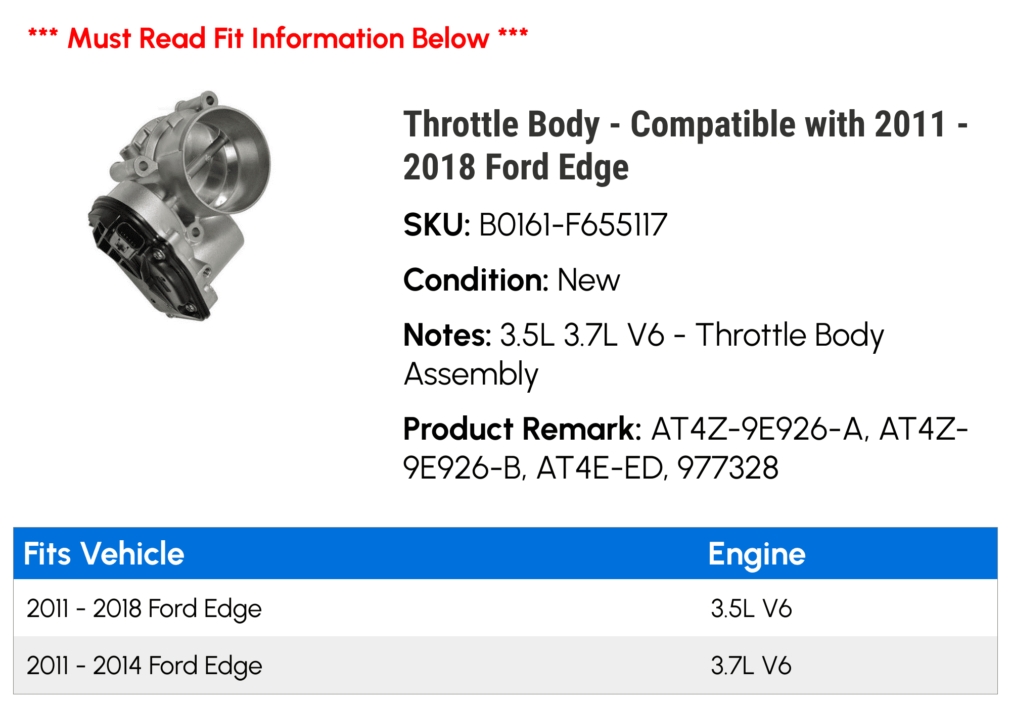Throttle Body - Compatible with 2011 - 2018 Ford Edge 2012 2013 2014 2015 2016 2017