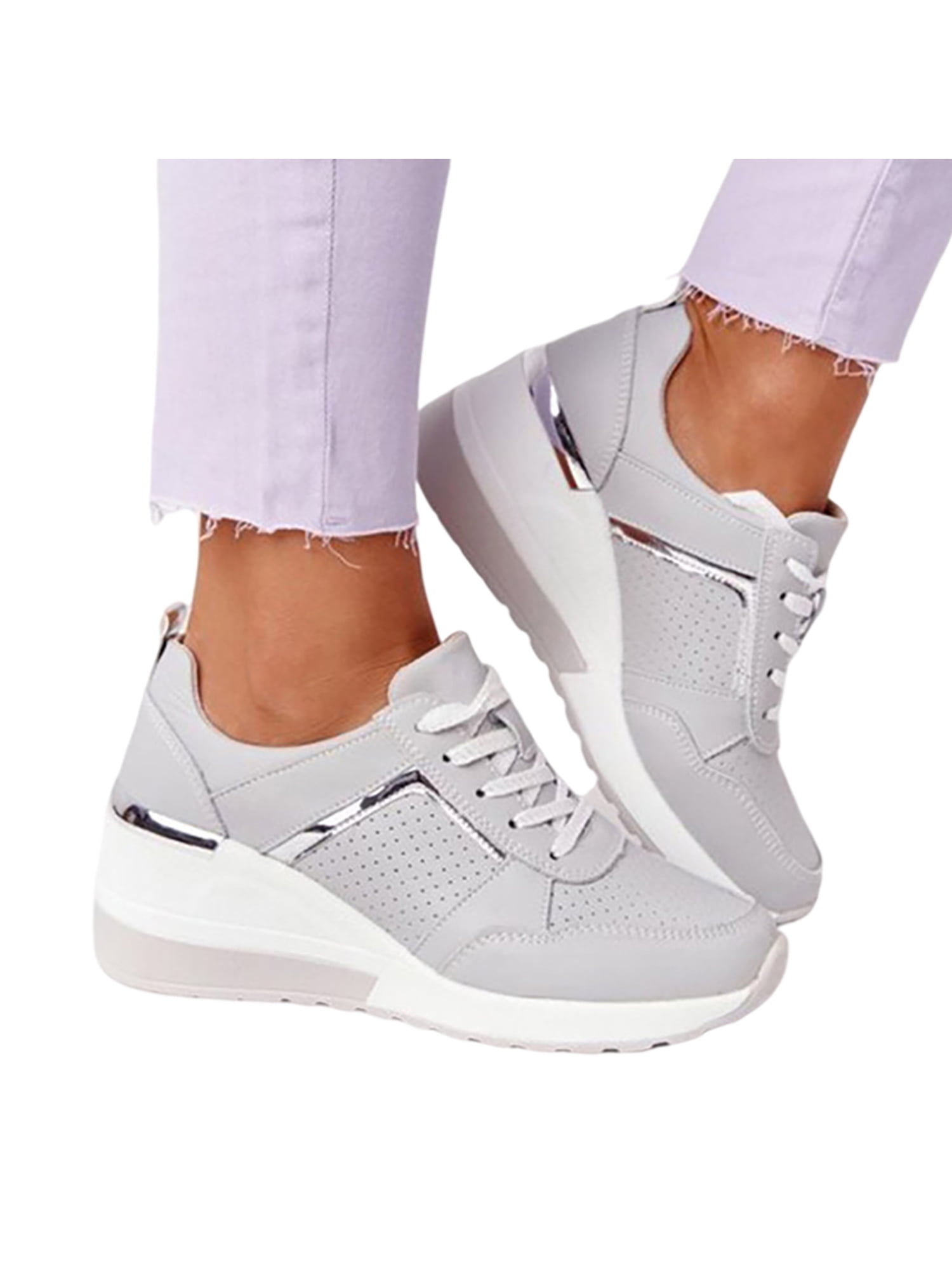 Womens Ladies Lace Up Hidden Wedge Heel Platform Sneaker Tennis Stylish Shoes 