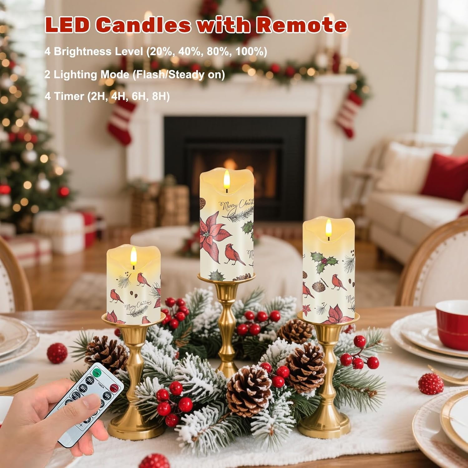 Christmas Flameless Candles, Set of 3 Flickering Red Cardinal LED Candles with Remote & Timer, Dimmable Real Wax Electric Pillar Candles Battery Operated for Home Christmas Decor