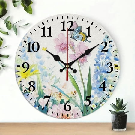 SBEMP Round Wooden Wall Clock, Flower & Butterfly Print, Silent Design 10 x 10 in