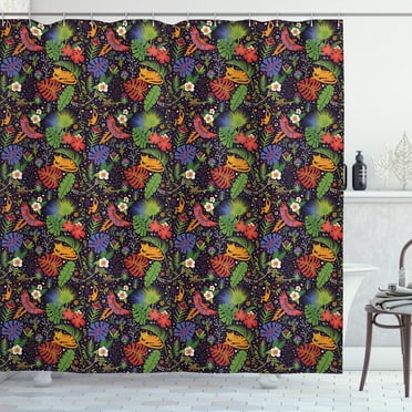 Tropical Shower Curtain, Animals Flowers of Hawaii on Indigo Backdrop Monkeys Parrots and Monstera Leaves, Fabric Bathroom Set with Hooks, 69W X 75L Inches Long, Multicolor, by Ambesonne