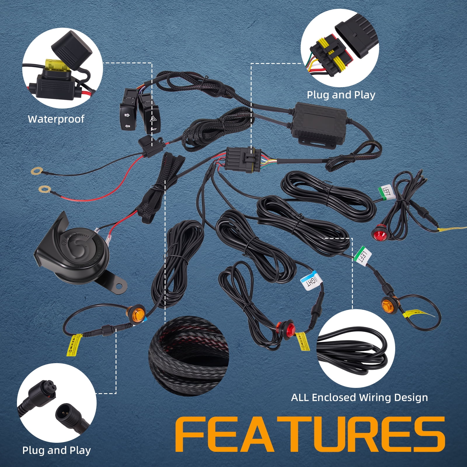 JIEPENG UTV Turn Signal Kit Pre-Wired Plug and Play Universal 12V with 110DB Horn and Rocker Switch