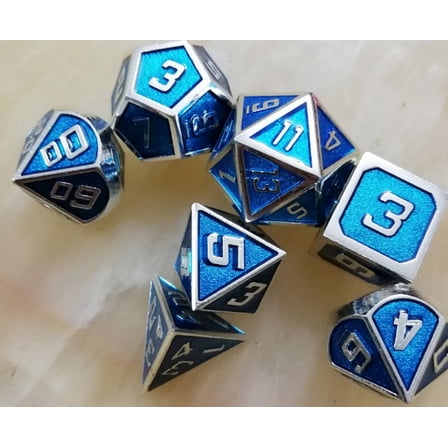 Galactic Dice Premium Dice Sets - Blue & Silver Set of 7 Dice with Tin