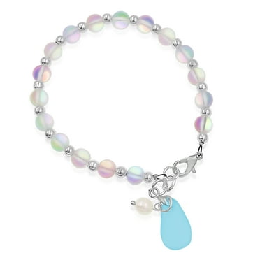Besheek Silvertone Clear Blue Seaglass and Freshwater Pearl Beaded Bracelet
