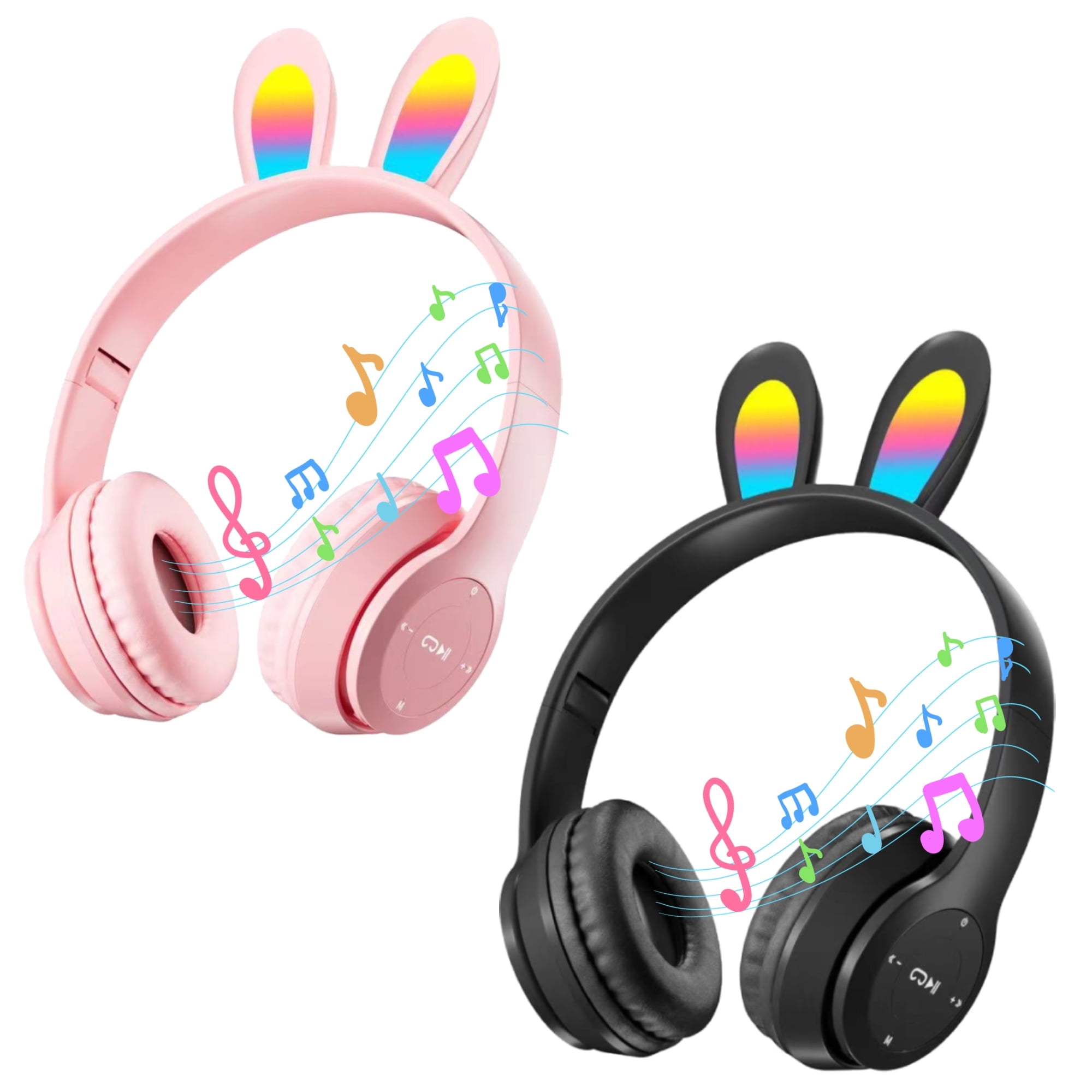 2Packs Rabbit Ear Kids Wireless Headphones with Microphone,Headphones for Girls Boys for School,Volume Limiter,Teens Toddlers Wireless Headphones,for Mobile Phones/Tablet/PC,Pink&Black