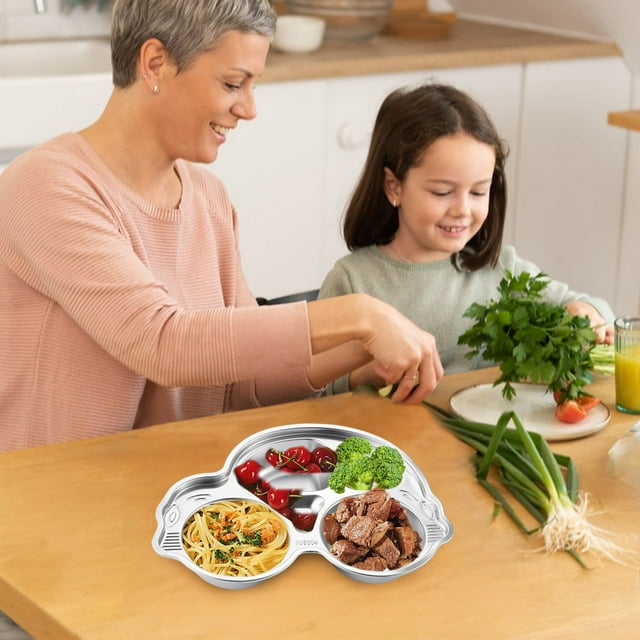 WIFKLSIIPG Assiette Compartimentée en Acier Inoxydable Plateau-Repas Compartimenté pour Enfants Plat de Souper pour Bébés Tout-Petits et Enfants Mangeant de la Nourriture Forme de Voiture Mignon Régime T