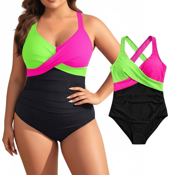 Womens Plus Size One Piece Swimsuit Color Block Tummy Control Bathing Suit, Full Coverage Swimwear 2026