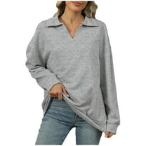 Diufon Cotton Sweaters for Women Solid Color Pullover Tops Lapel V Neck Long Sleeve Blouses
