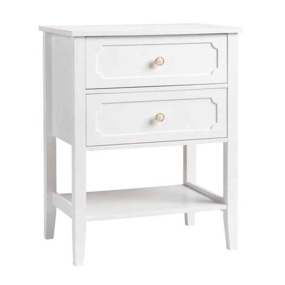 Wood Nightstand End Side Table with 2 Drawers, Rustic Bedside Table for Bedroom, Living Room - White Finish, Solid Pine Wood as picture