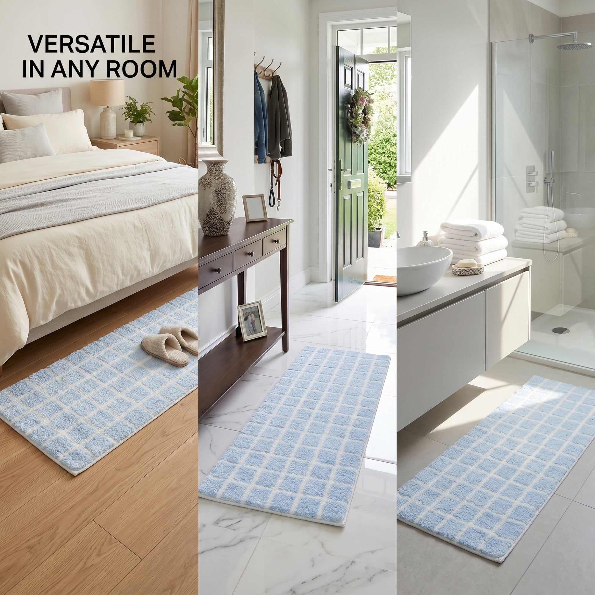Unique Bargains Geometric Runner Rug Shaggy Bedside Non-Slip Hallway Carpet Blue Plaid