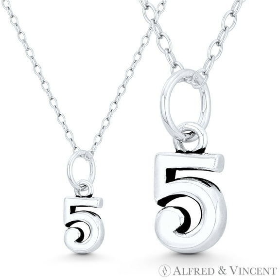 Number "5" Charm Numerical Charm Pendant & Chain Necklace in Oxidized .925 Sterling Silver