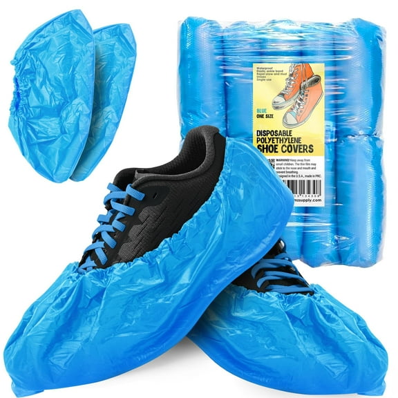 Blue Disposable Shoe Covers for Indoors, 16 x 4.5 x 6 inch. 300 Pack CPE Surgical Boot Covers Disposable. Shoe Booties Disposable with Elastic Band. Waterproof Disposable Foot Covers for Shoes