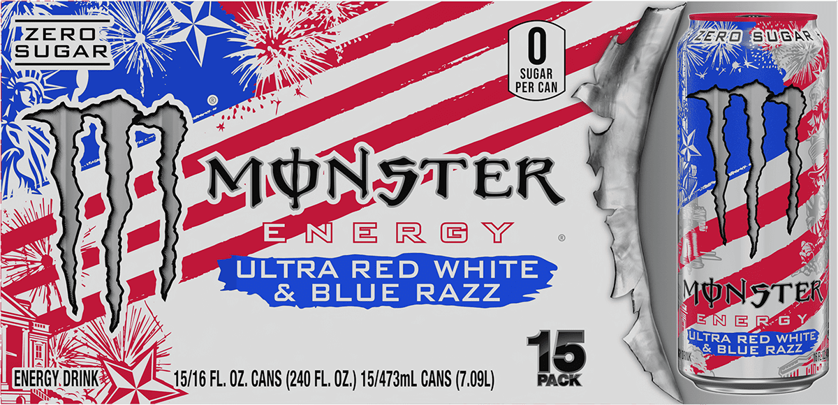 Monster Energy Ultra, Red White & Blue Razz, Sugar Free Energy Drink, 15 Pack - 16 Fl Oz