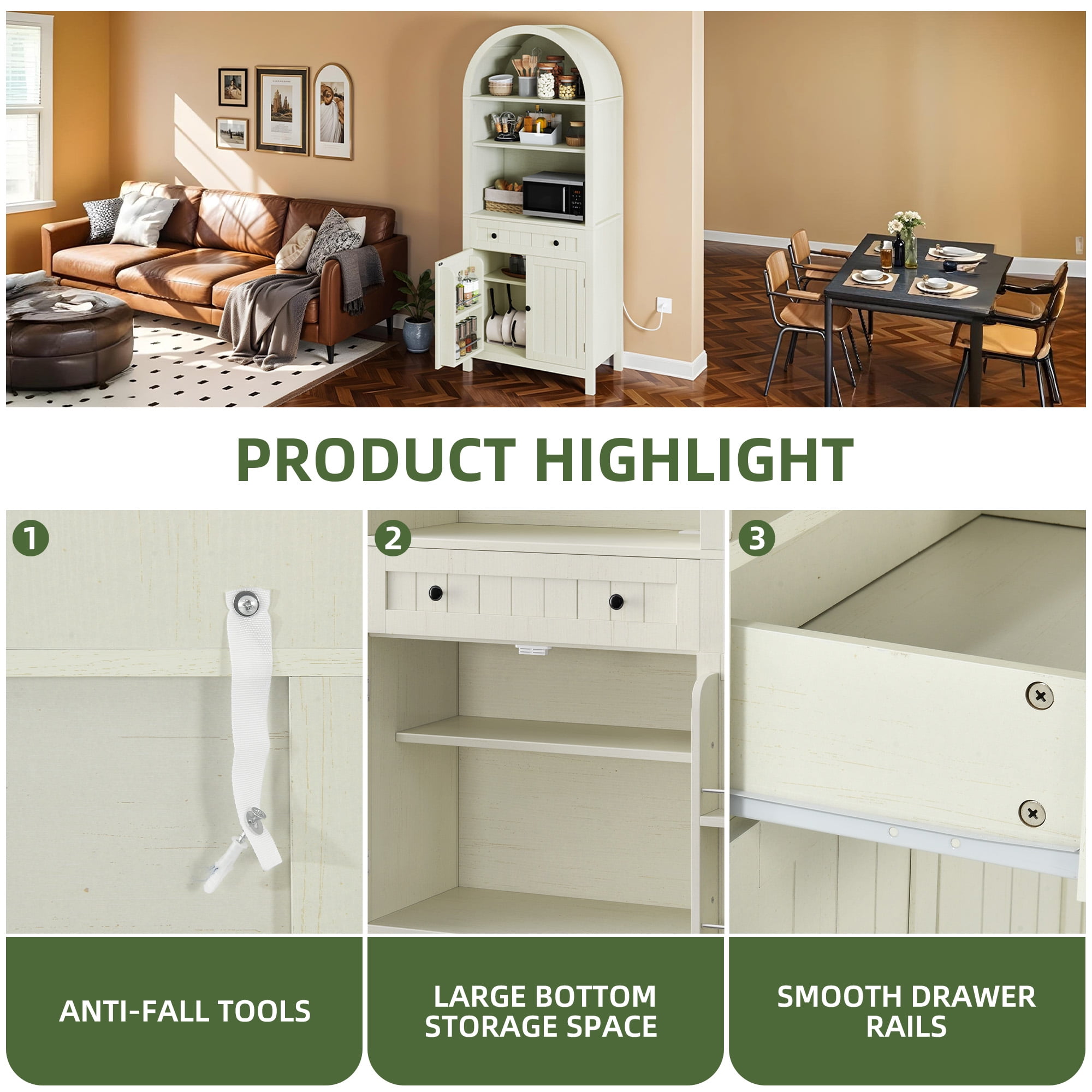 Uforic Arched Kitchen Pantry Cabinet, 73" Tall Farmhouse Wood Pantry Shelves with Charging Station, White
